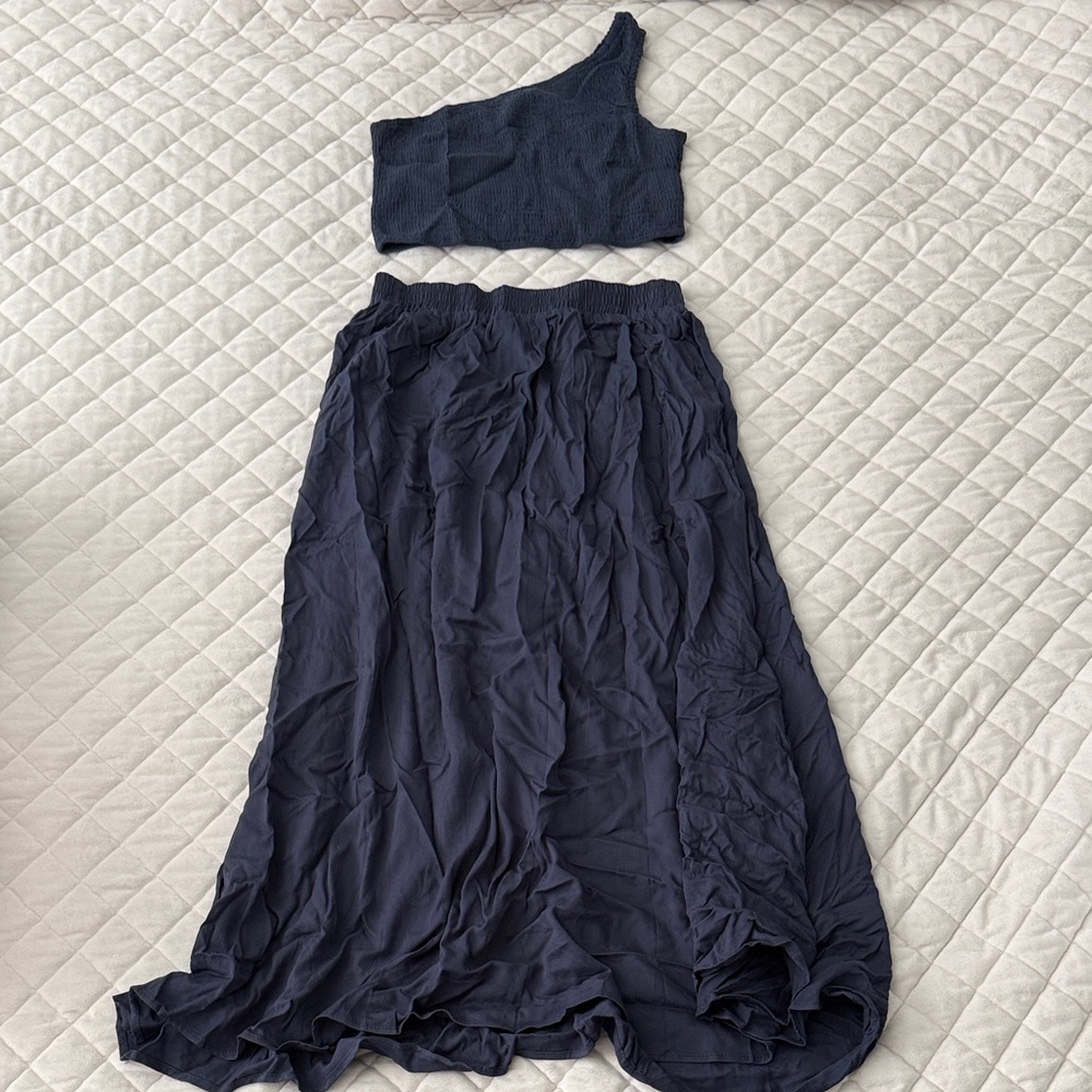 Anrabess 2 piece one shoulder smocked tank & flowy skirt Women's Sz M